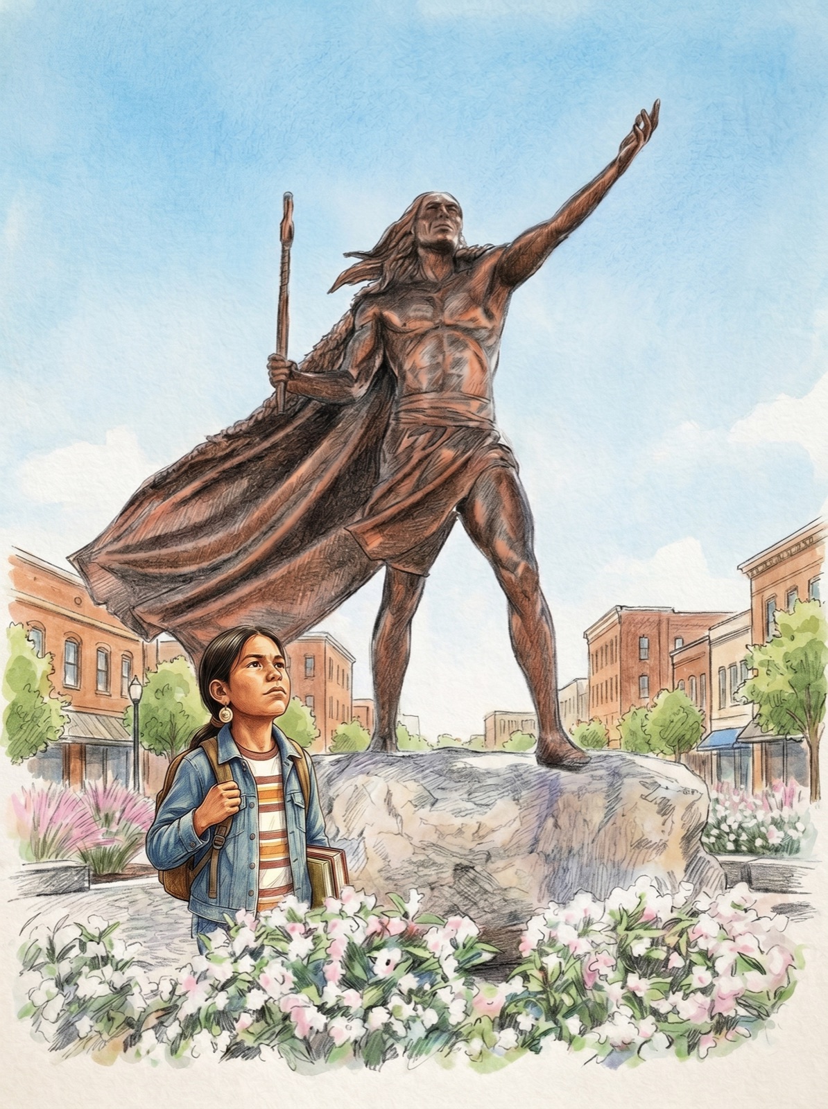 Chief stands at the base of the Chief Tuskaloosa statue in downtown Tuscaloosa