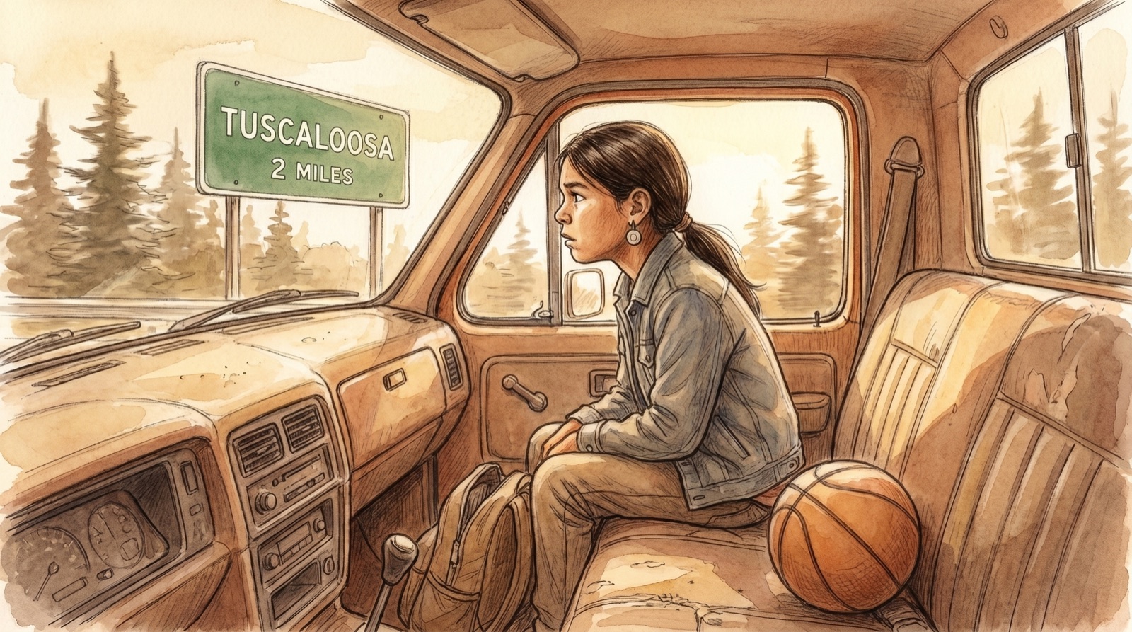 Chief presses his face against the truck window, staring at the Tuscaloosa highway sign