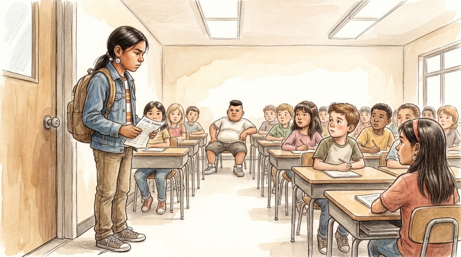 Chief stands in the doorway of Room 205, twenty faces turning to look at him