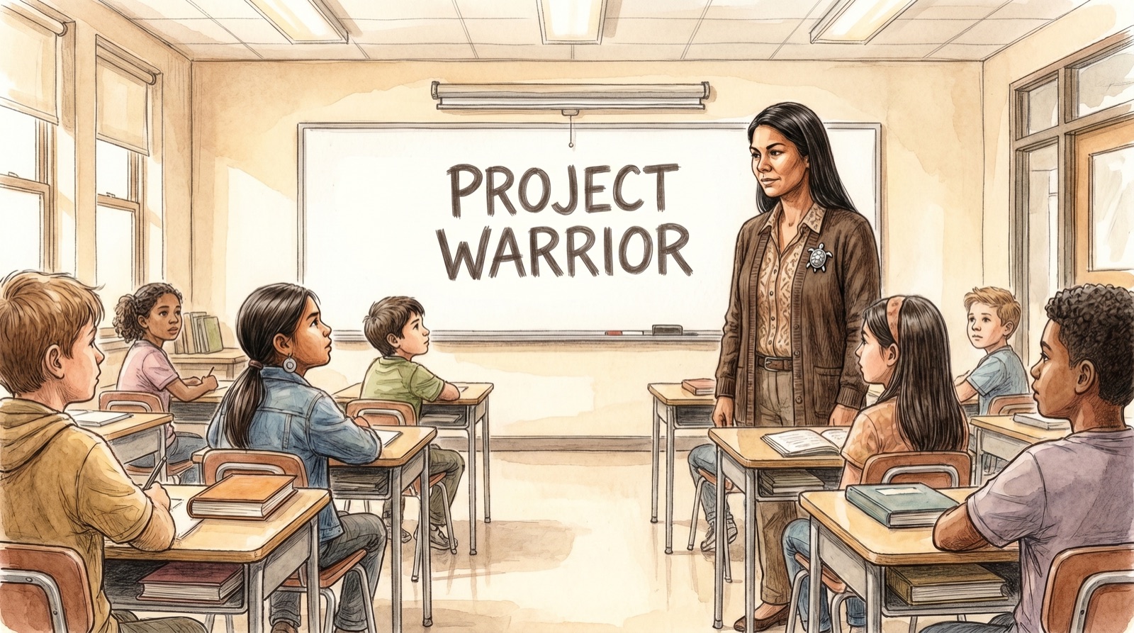 Ms. Tushka at the front of the class, PROJECT WARRIOR on the whiteboard behind her