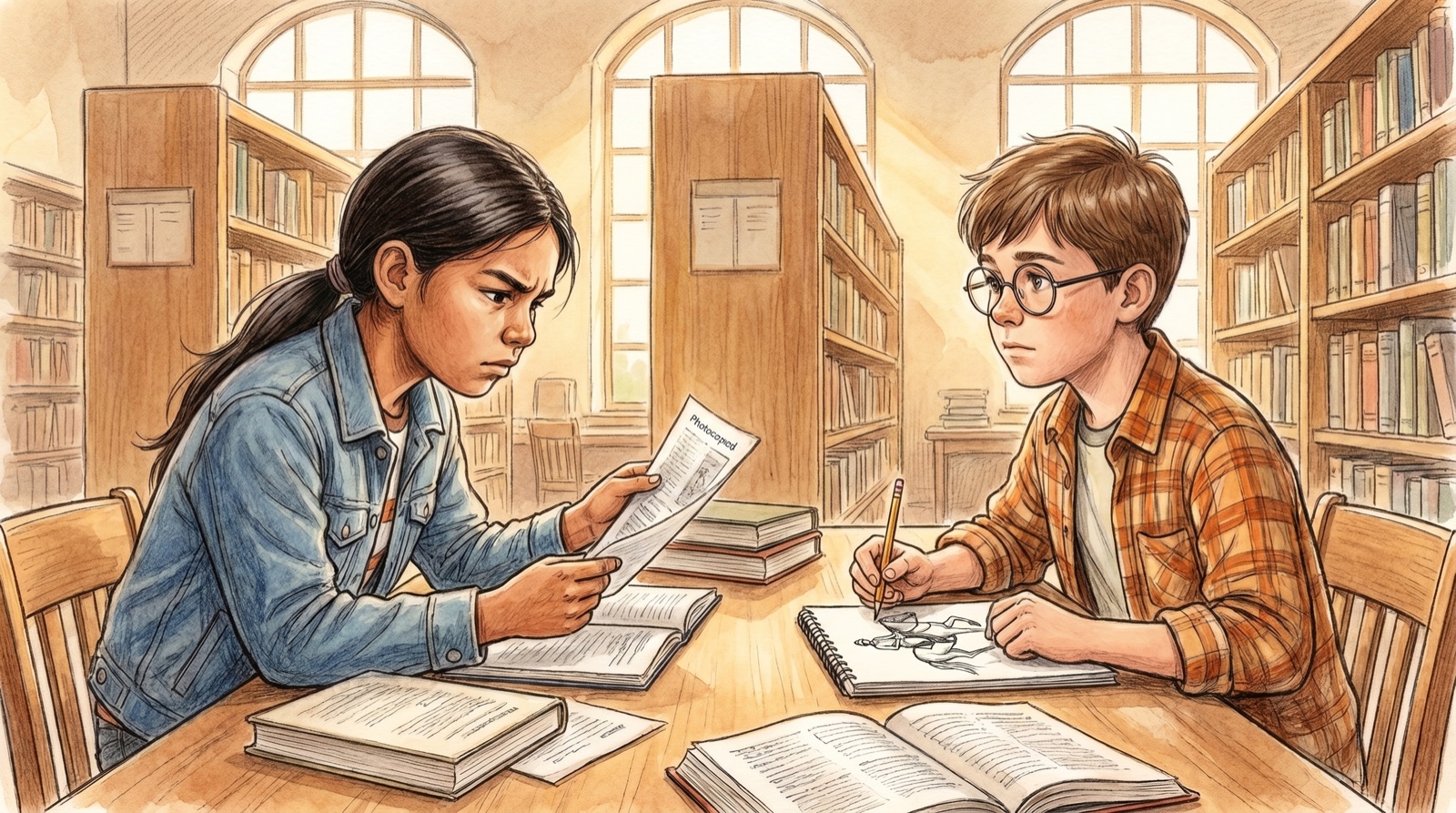 Chief at the school library with books open, Eli sketching across the table