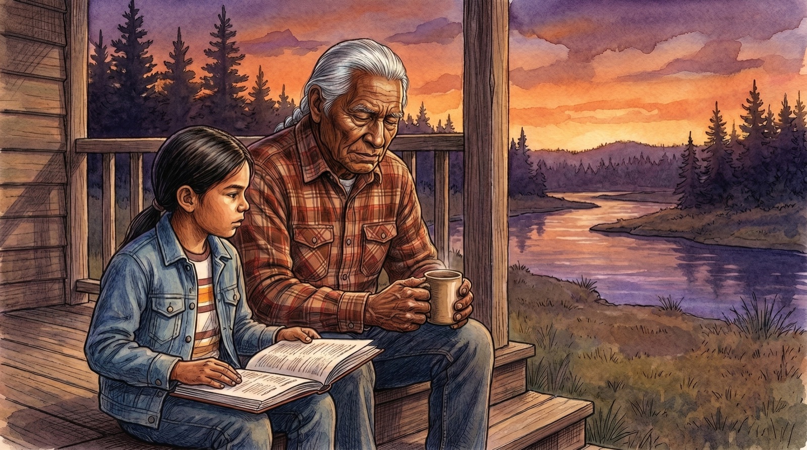 Chief and Poppa Loosa on the back porch at dusk, the Black Warrior River visible through the trees