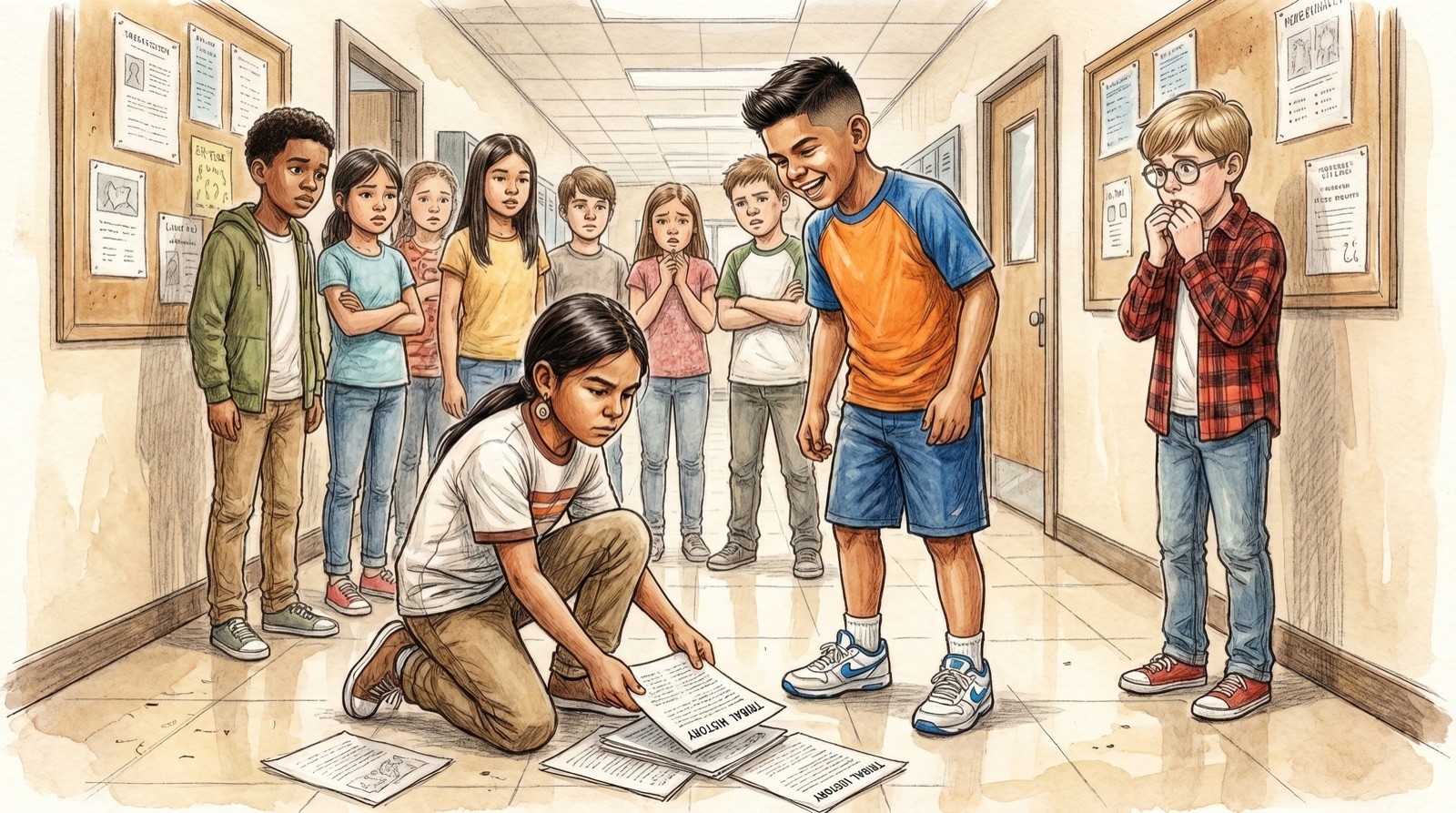 Chief on the hallway floor picking up his papers, Soto standing above him, kids watching