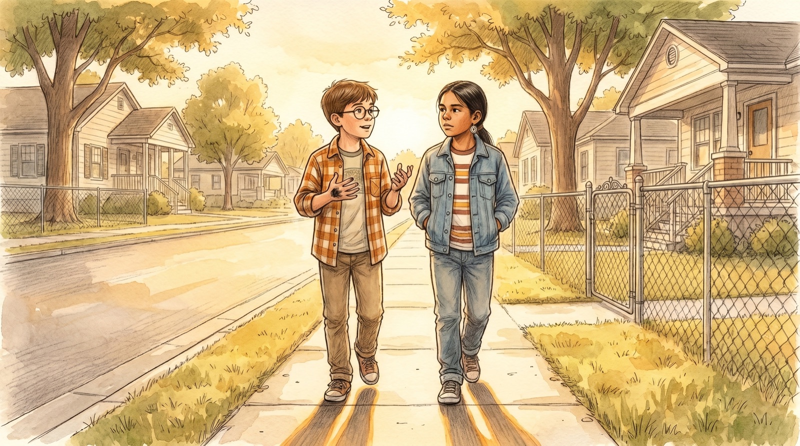 Chief and Eli walk home together in the late afternoon, long shadows stretching behind them