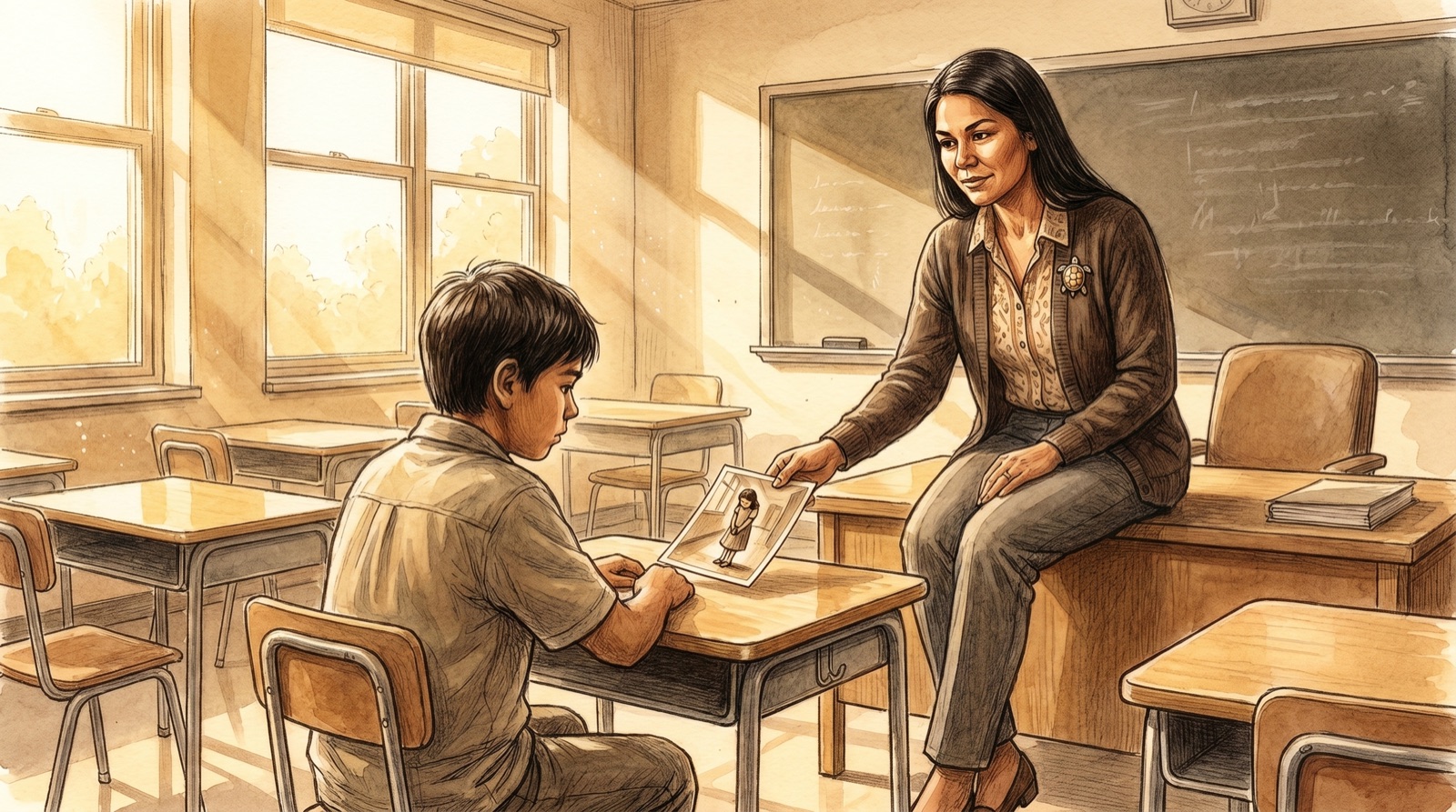 Ms. Tushka and Chief alone in the golden afternoon classroom, a photograph on the desk between them