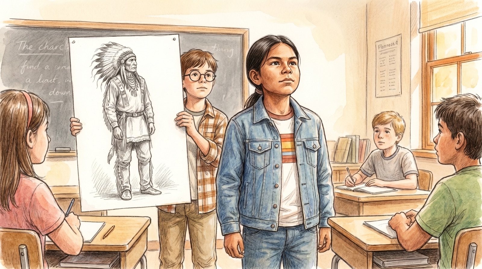 Chief stands at the front of the class, not looking at his paper, Eli's poster of Chief Tuskaloosa behind him