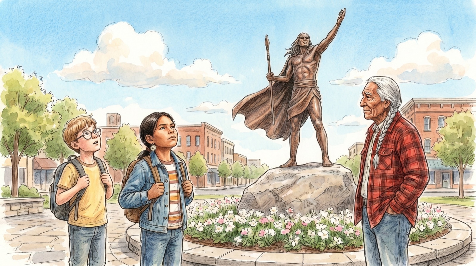 Chief stands before the Chief Tuskaloosa bronze statue, shoulders back, head up, Eli and Poppa Loosa beside him