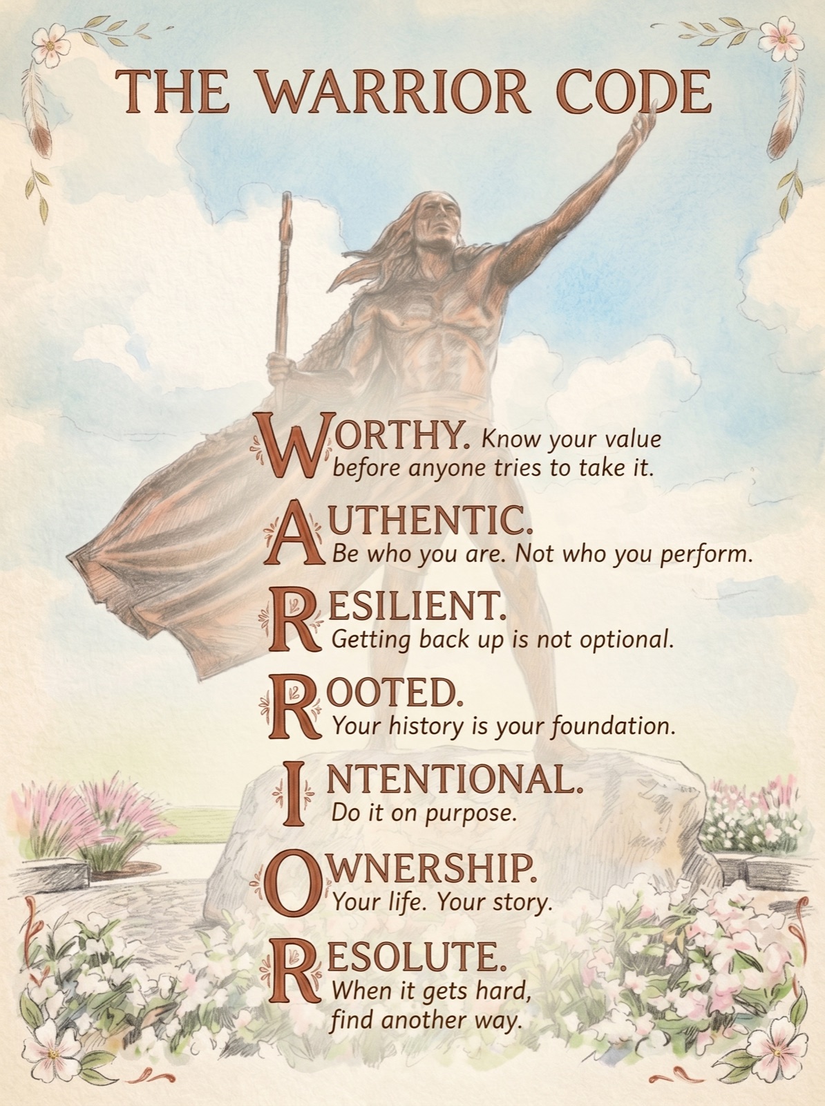 The illustrated WARRIOR Code poster featuring Chief Tuskaloosa